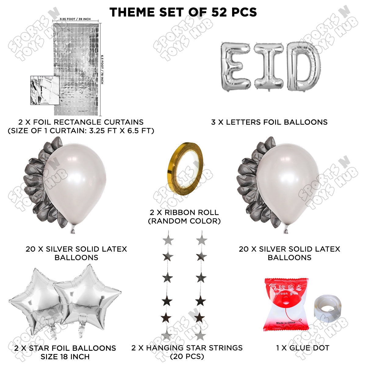 52 Pcs Eid Silver Foil Balloon Rectangle Curtain Theme Collection