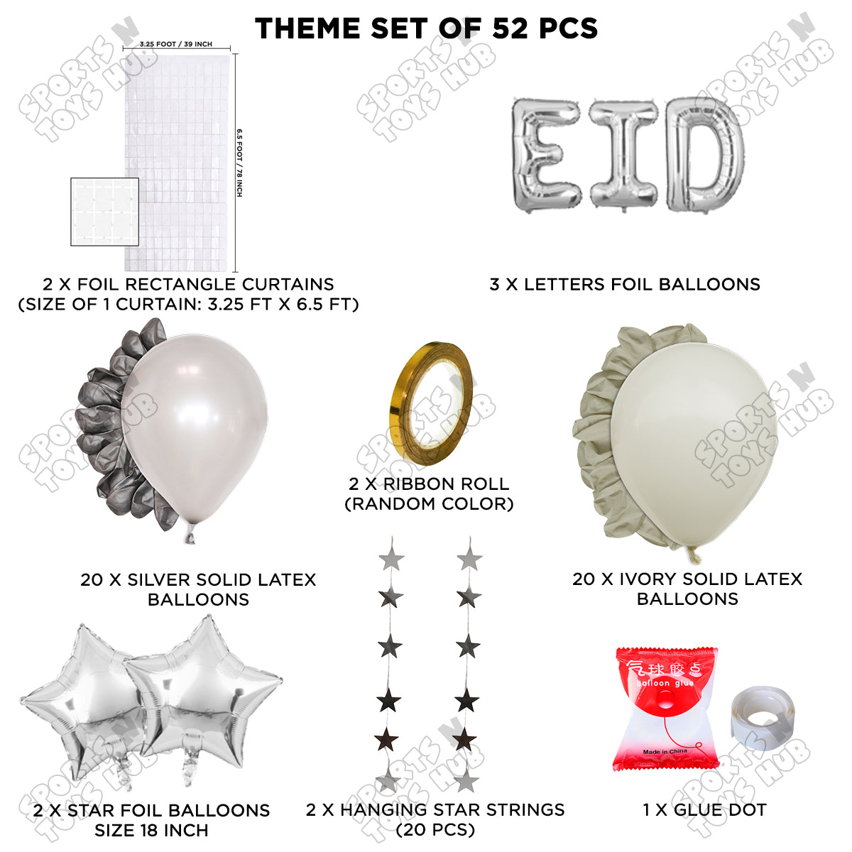 52 Pcs Eid Silver Foil Balloon Rectangle Curtain Theme Collection
