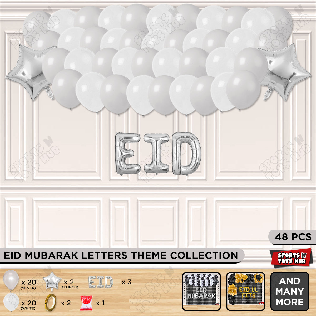 48 Pcs Eid Silver Foil Balloon Garland Theme Collection