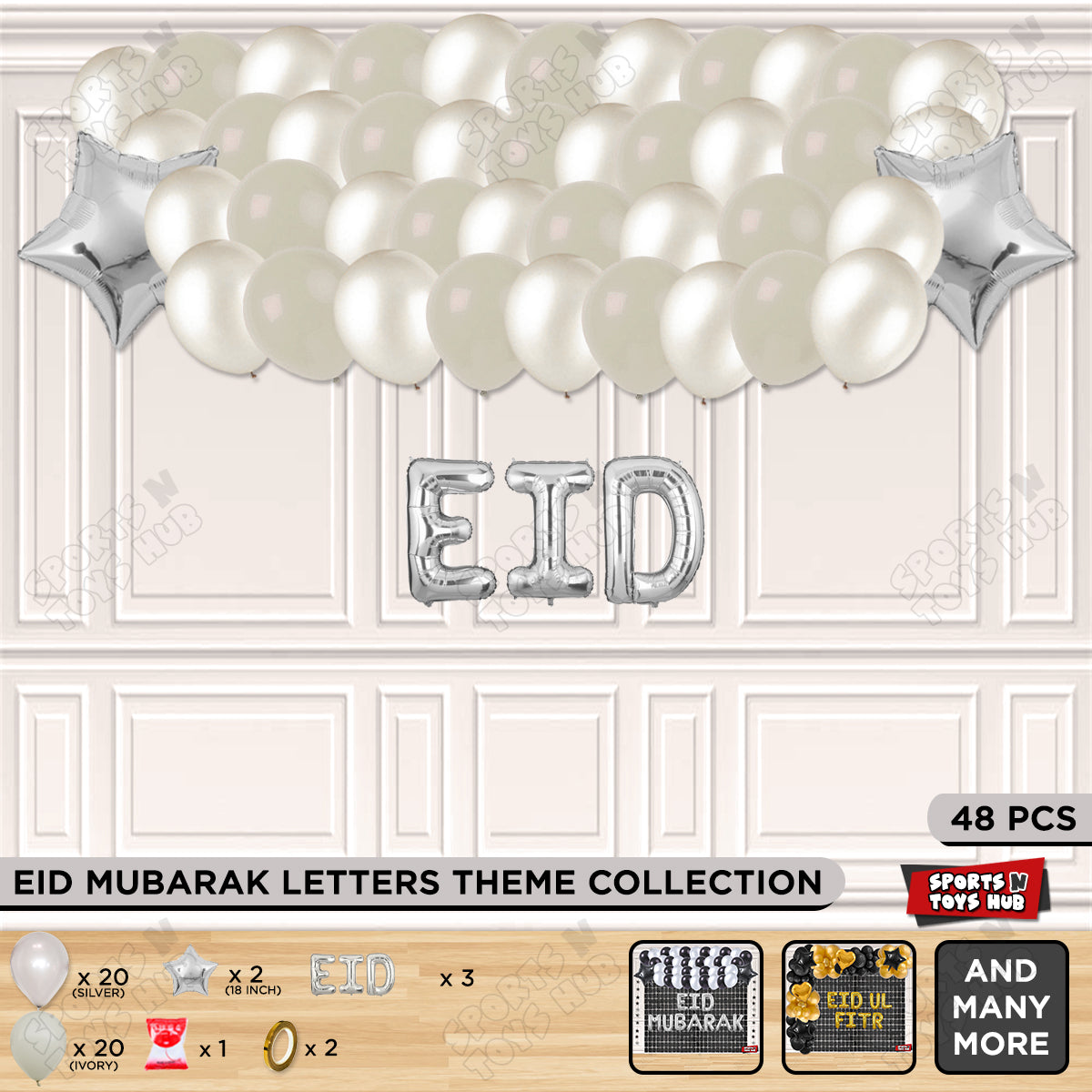 48 Pcs Eid Silver Foil Balloon Garland Theme Collection