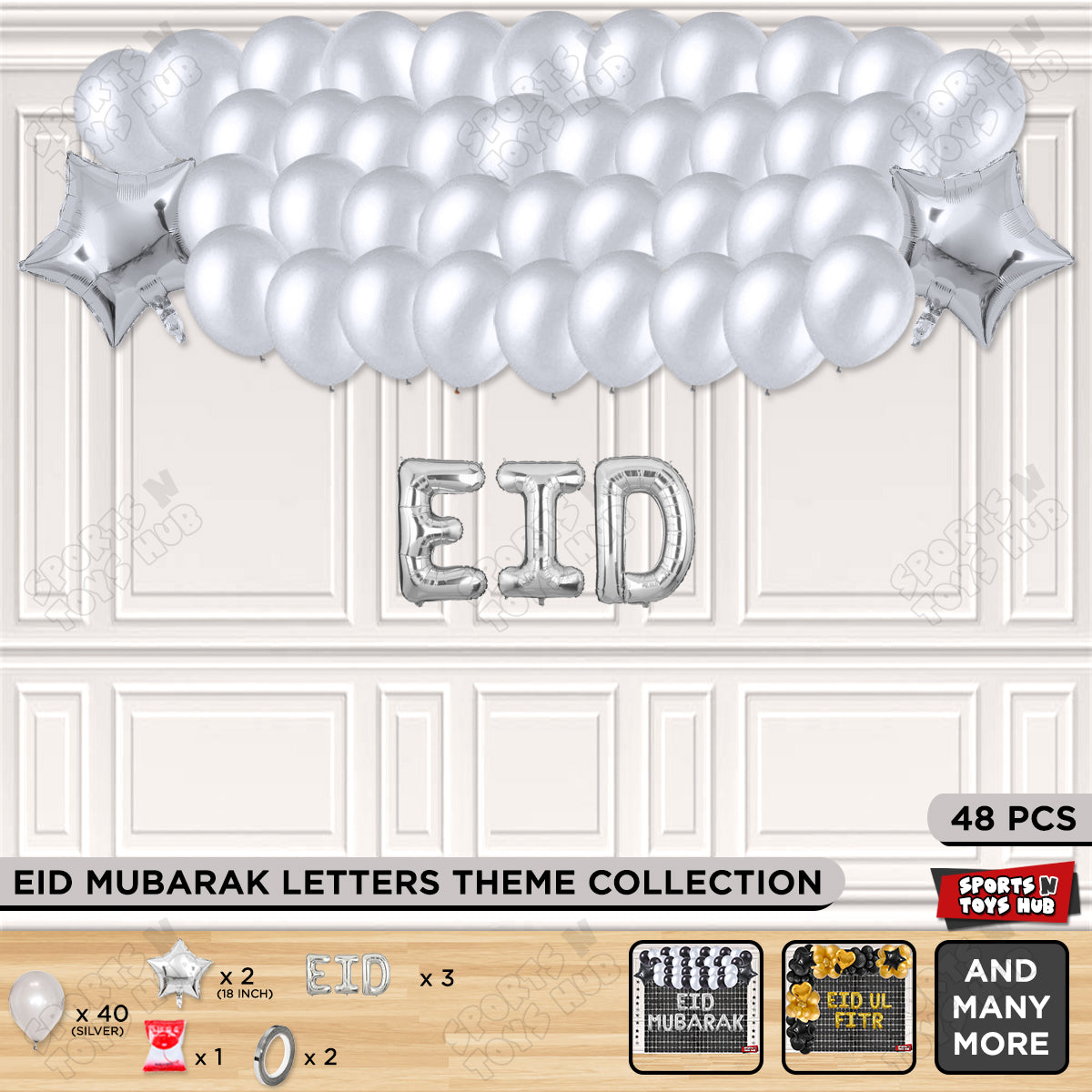 48 Pcs Eid Silver Foil Balloon Garland Theme Collection