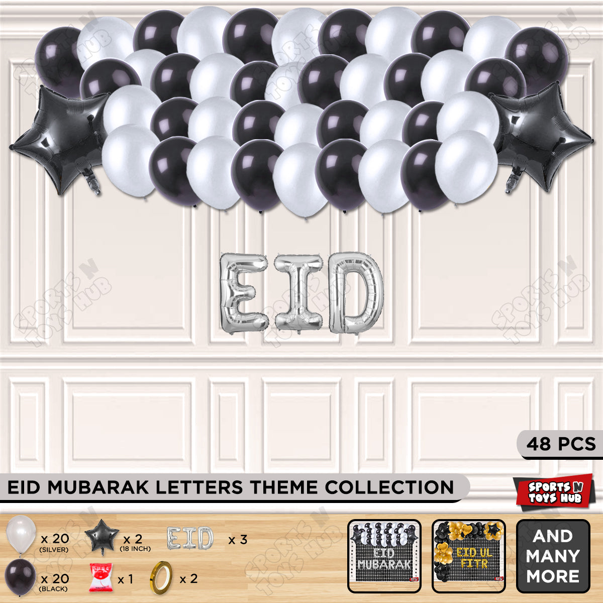48 Pcs Eid Silver Foil Balloon Garland Theme Collection