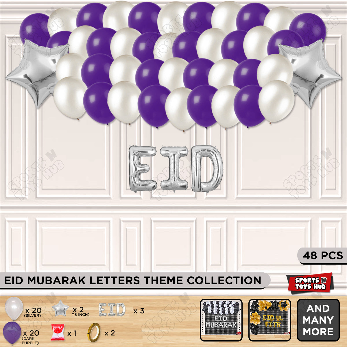 48 Pcs Eid Silver Foil Balloon Garland Theme Collection