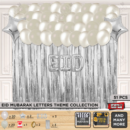51 Pcs Eid Silver Foil Balloon Curtain Theme Collection