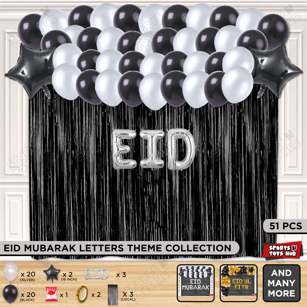51 Pcs Eid Silver Foil Balloon Curtain Theme Collection