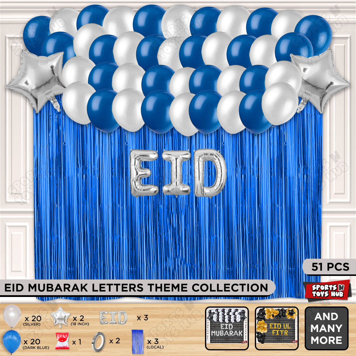51 Pcs Eid Silver Foil Balloon Curtain Theme Collection