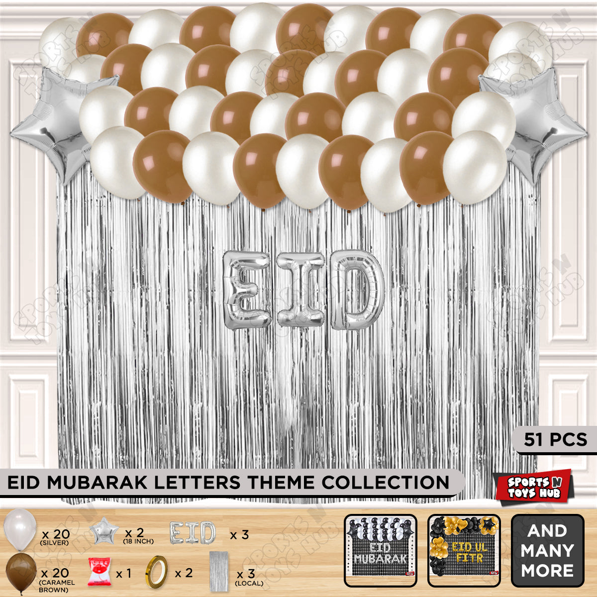 51 Pcs Eid Silver Foil Balloon Curtain Theme Collection