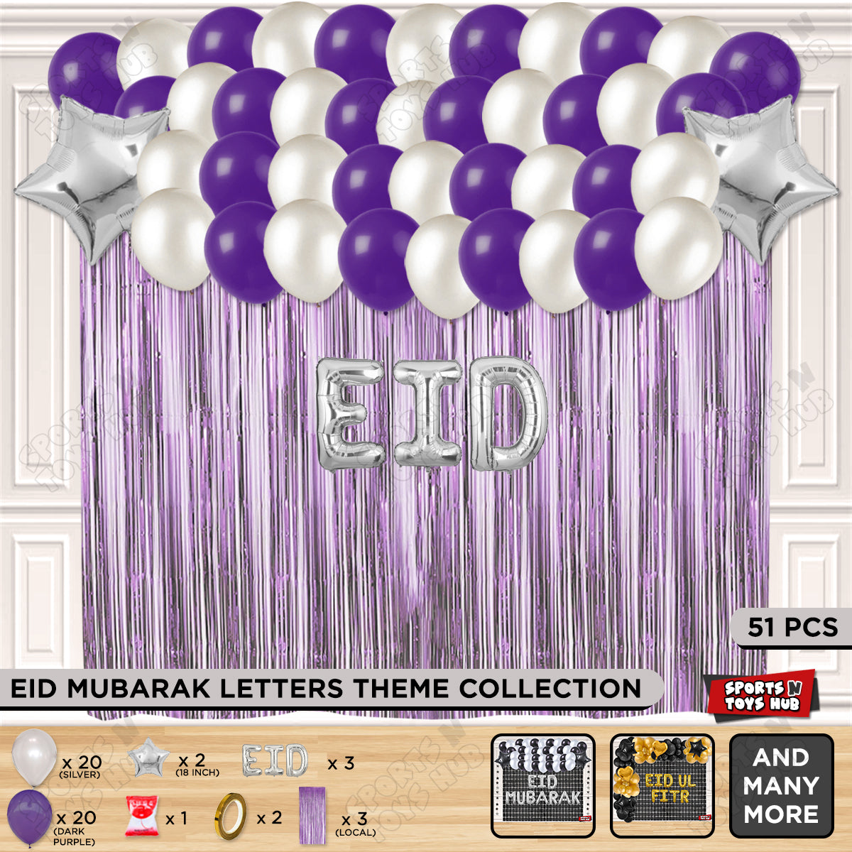 51 Pcs Eid Silver Foil Balloon Curtain Theme Collection