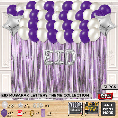 51 Pcs Eid Silver Foil Balloon Curtain Theme Collection