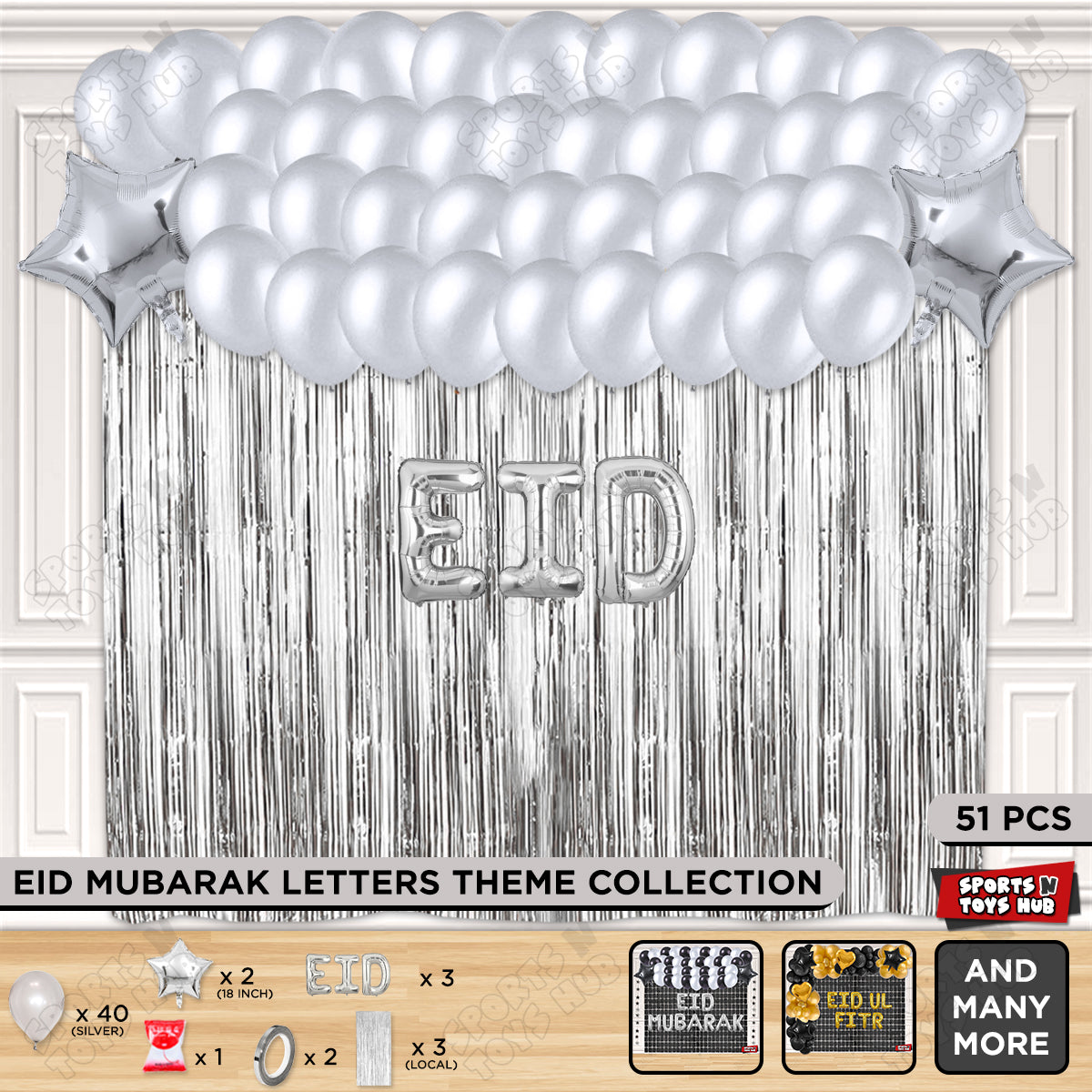 51 Pcs Eid Silver Foil Balloon Curtain Theme Collection