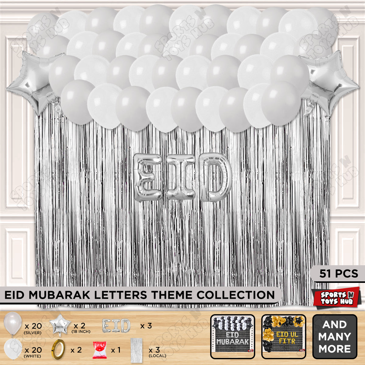 51 Pcs Eid Silver Foil Balloon Curtain Theme Collection