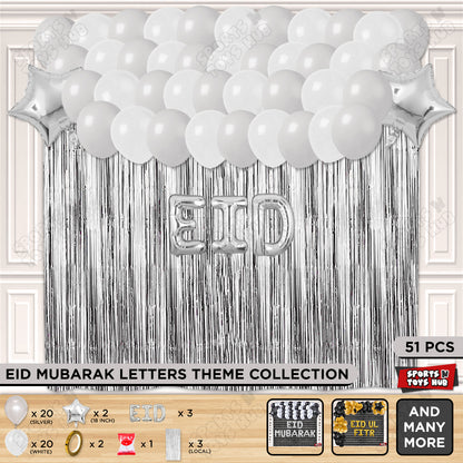 51 Pcs Eid Silver Foil Balloon Curtain Theme Collection
