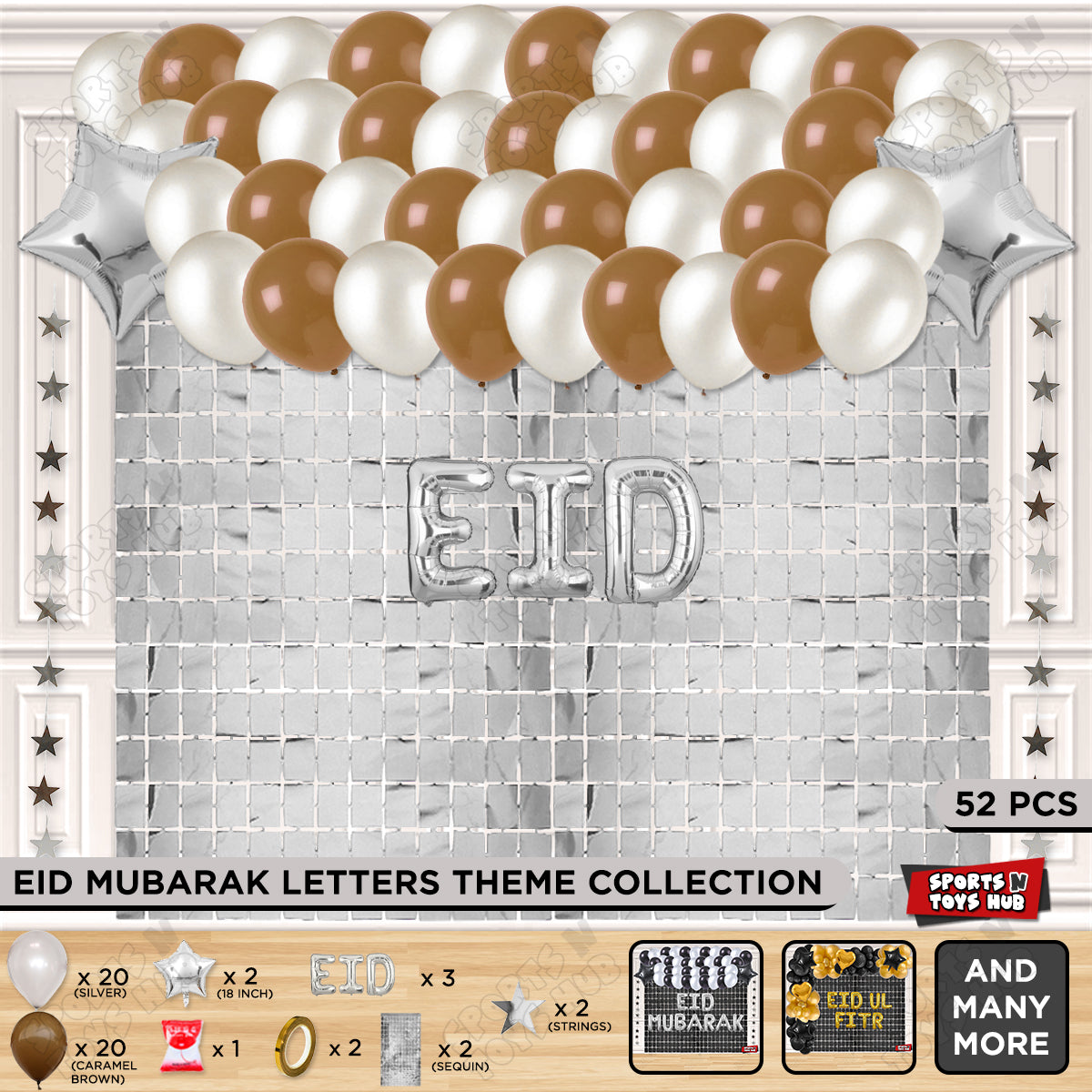 52 Pcs Eid Silver Foil Balloon Rectangle Curtain Theme Collection