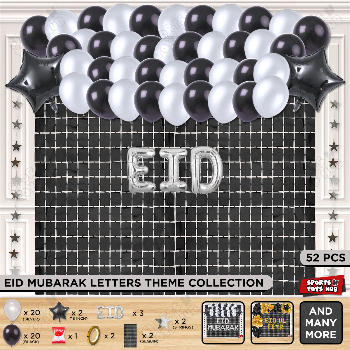 52 Pcs Eid Silver Foil Balloon Rectangle Curtain Theme Collection