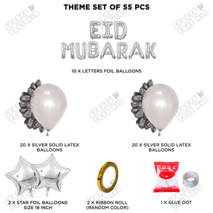 55 Pcs Eid Mubarak Silver Foil Balloon Garland Theme Collection