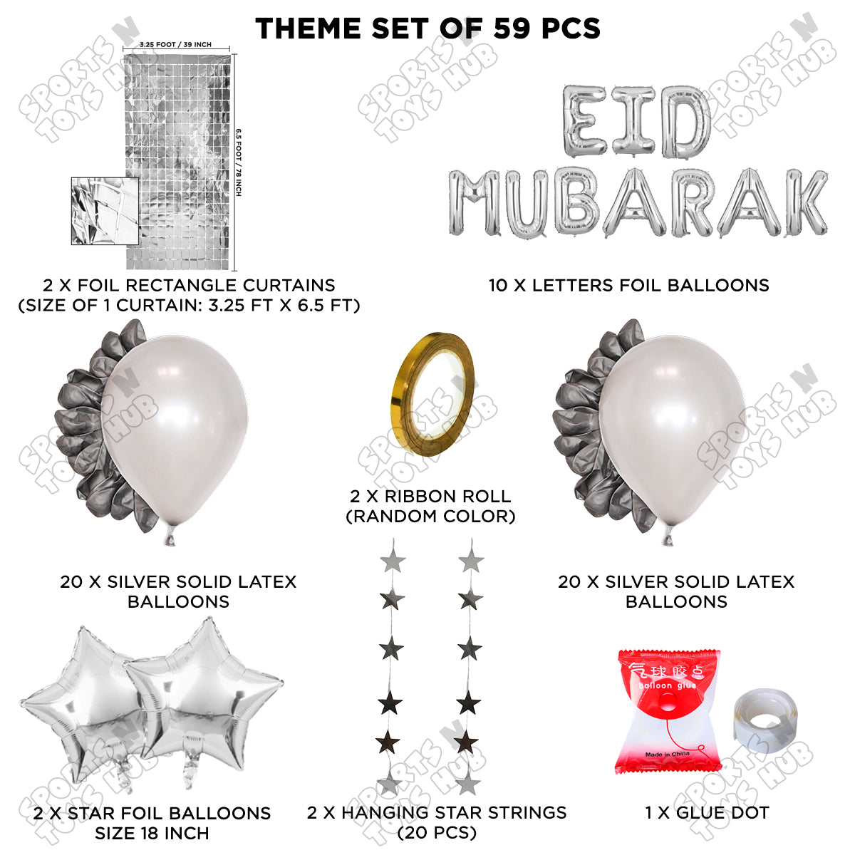 59 Pcs Eid Mubarak Silver Foil Balloon Rectangle Curtain Theme Collection