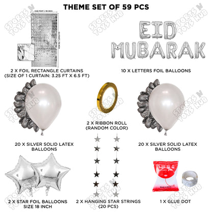 59 Pcs Eid Mubarak Silver Foil Balloon Rectangle Curtain Theme Collection