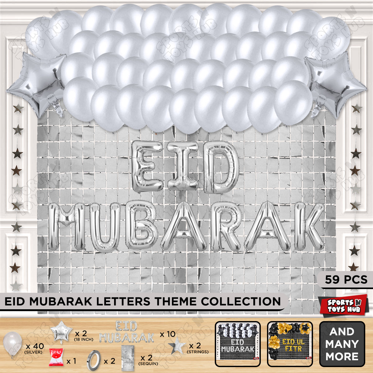 59 Pcs Eid Mubarak Silver Foil Balloon Rectangle Curtain Theme Collection