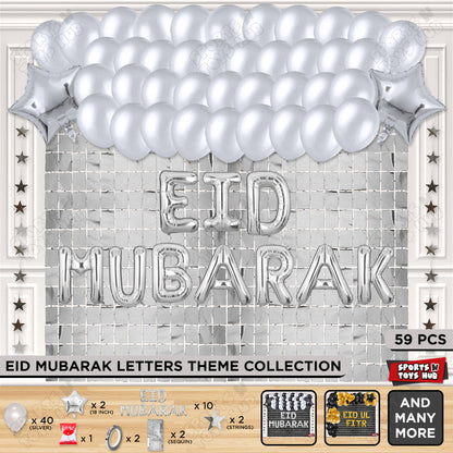 59 Pcs Eid Mubarak Silver Foil Balloon Rectangle Curtain Theme Collection