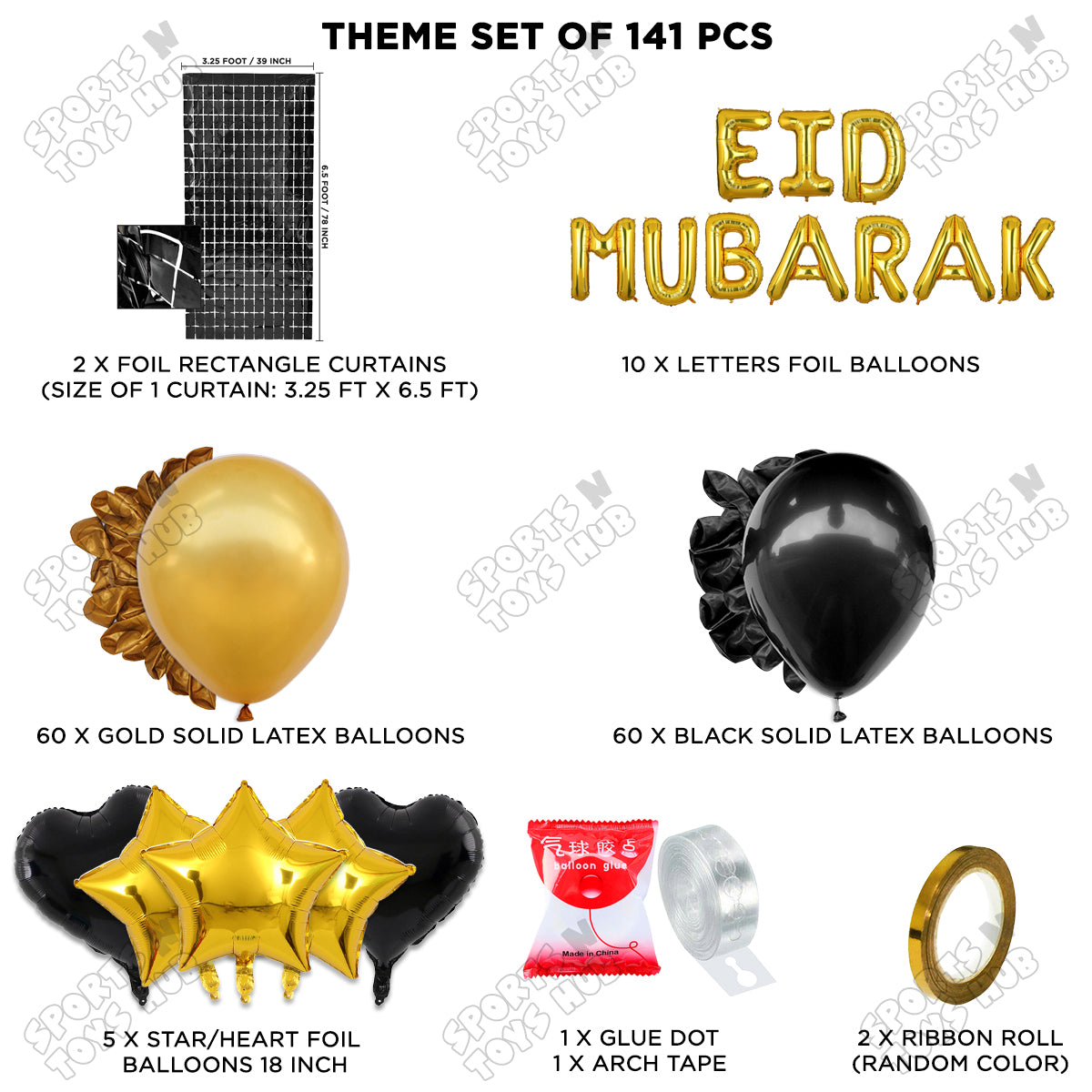 141 Pcs Eid Mubarak Gold Foil Balloon Arch Theme Collection