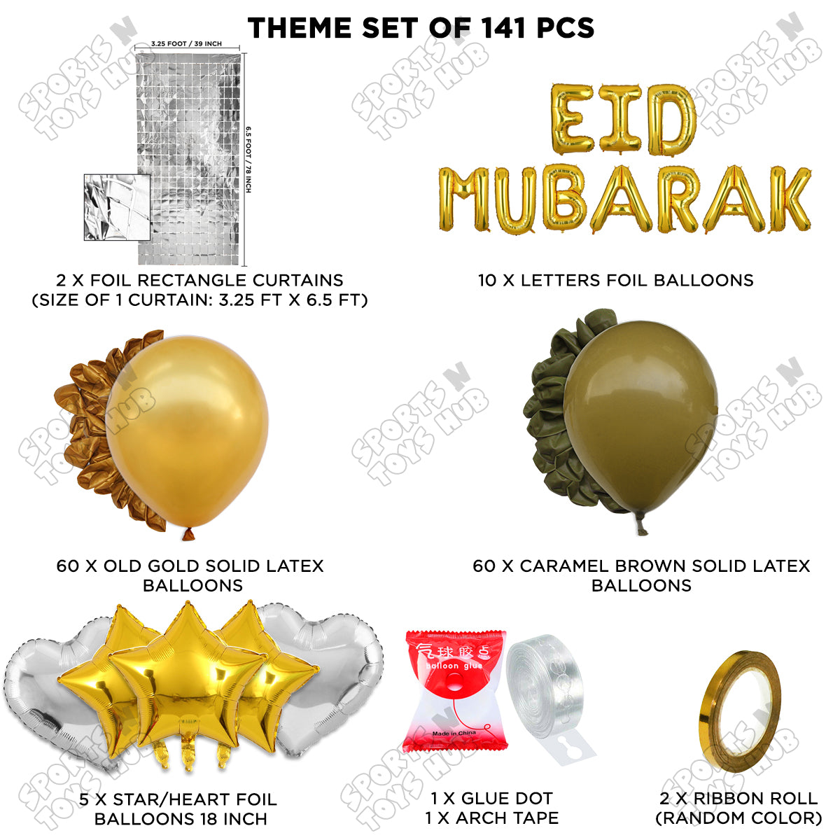 141 Pcs Eid Mubarak Gold Foil Balloon Arch Theme Collection