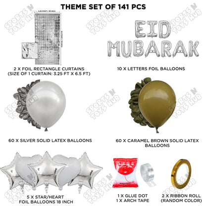 141 Pcs Eid Mubarak Silver Foil Balloon Arch Theme Collection