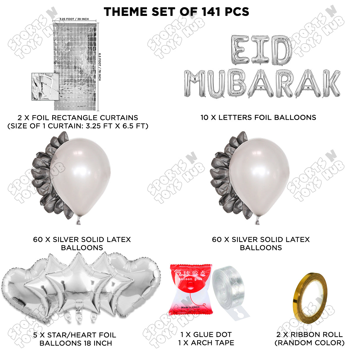 141 Pcs Eid Mubarak Silver Foil Balloon Arch Theme Collection