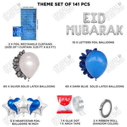 141 Pcs Eid Mubarak Silver Foil Balloon Arch Theme Collection