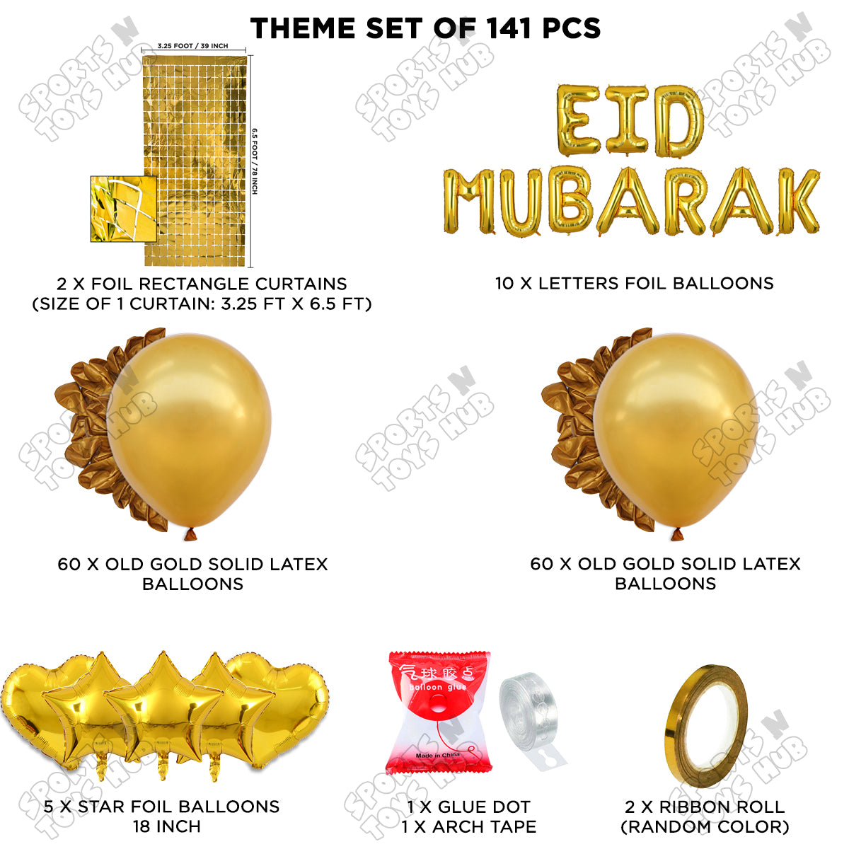 141 Pcs Eid Mubarak Gold Foil Balloon Arch Theme Collection