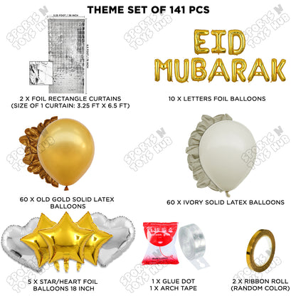 141 Pcs Eid Mubarak Gold Foil Balloon Arch Theme Collection