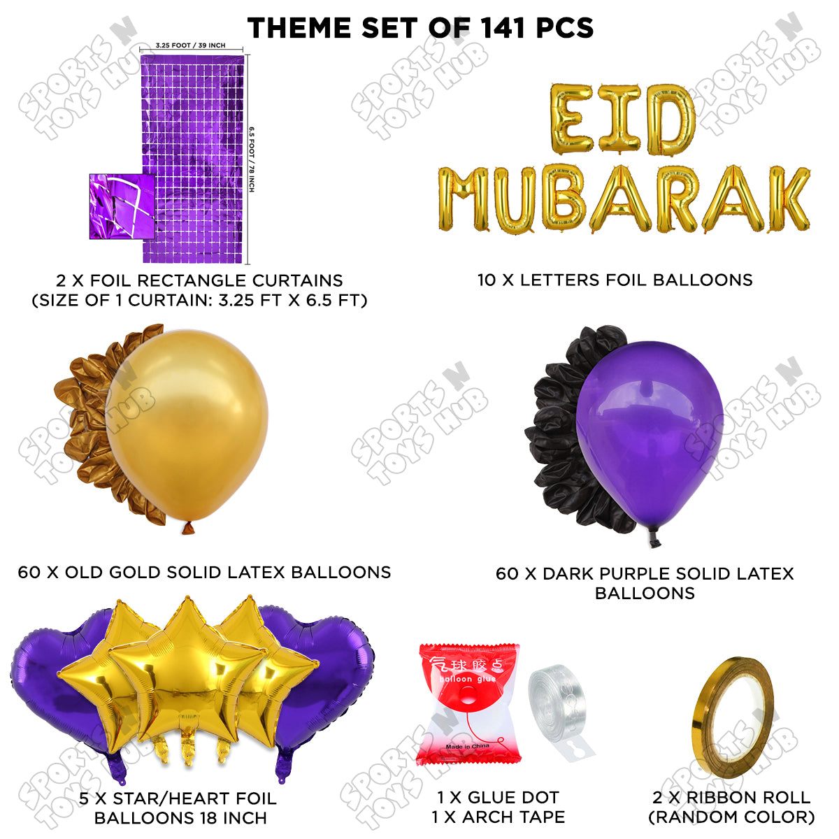 141 Pcs Eid Mubarak Gold Foil Balloon Arch Theme Collection