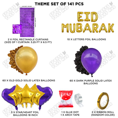 141 Pcs Eid Mubarak Gold Foil Balloon Arch Theme Collection