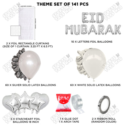 141 Pcs Eid Mubarak Silver Foil Balloon Arch Theme Collection