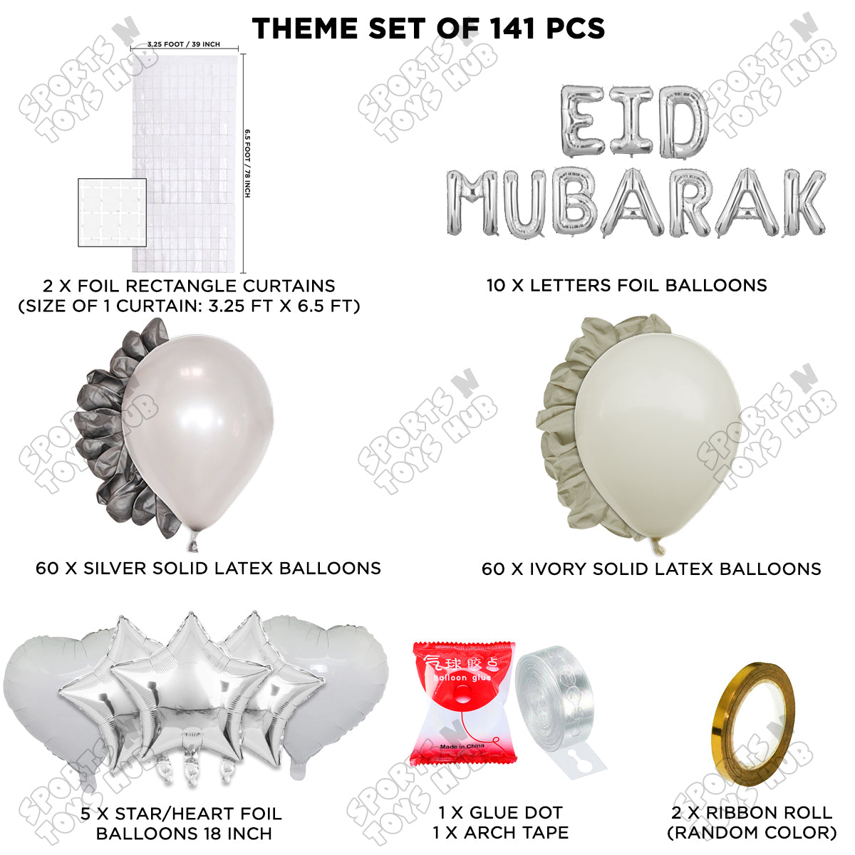 141 Pcs Eid Mubarak Silver Foil Balloon Arch Theme Collection