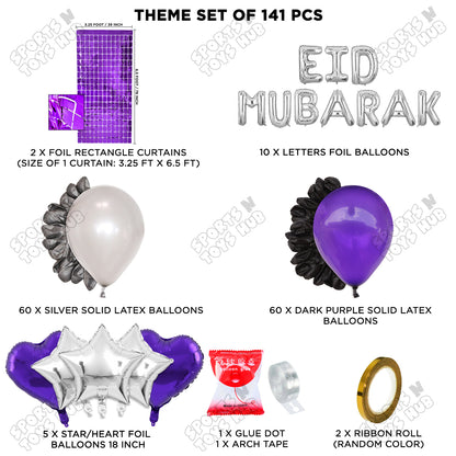 141 Pcs Eid Mubarak Silver Foil Balloon Arch Theme Collection
