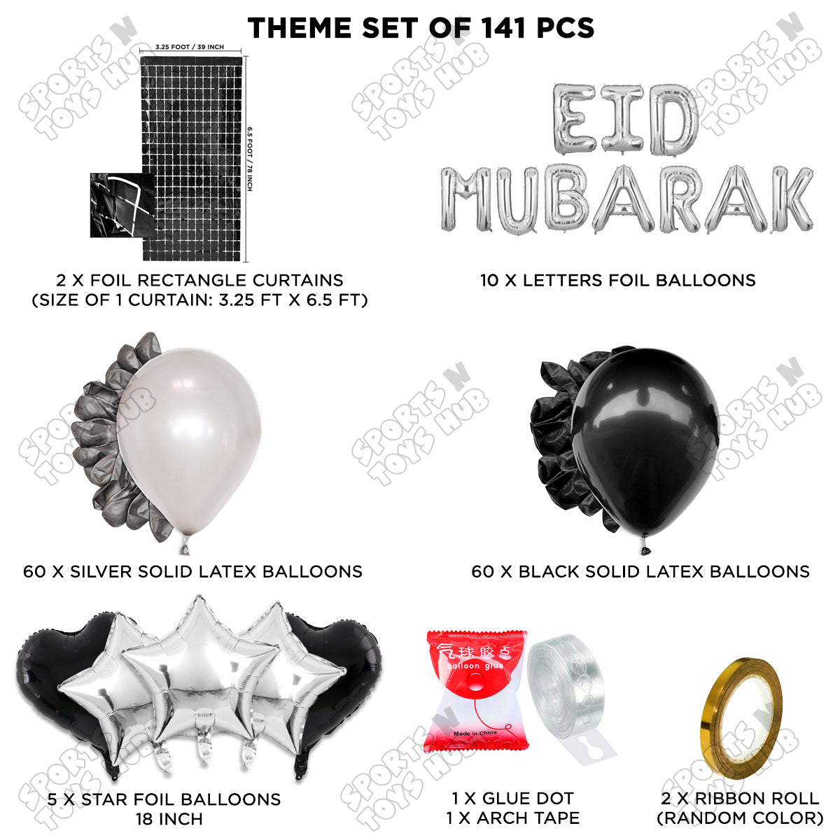 141 Pcs Eid Mubarak Silver Foil Balloon Arch Theme Collection