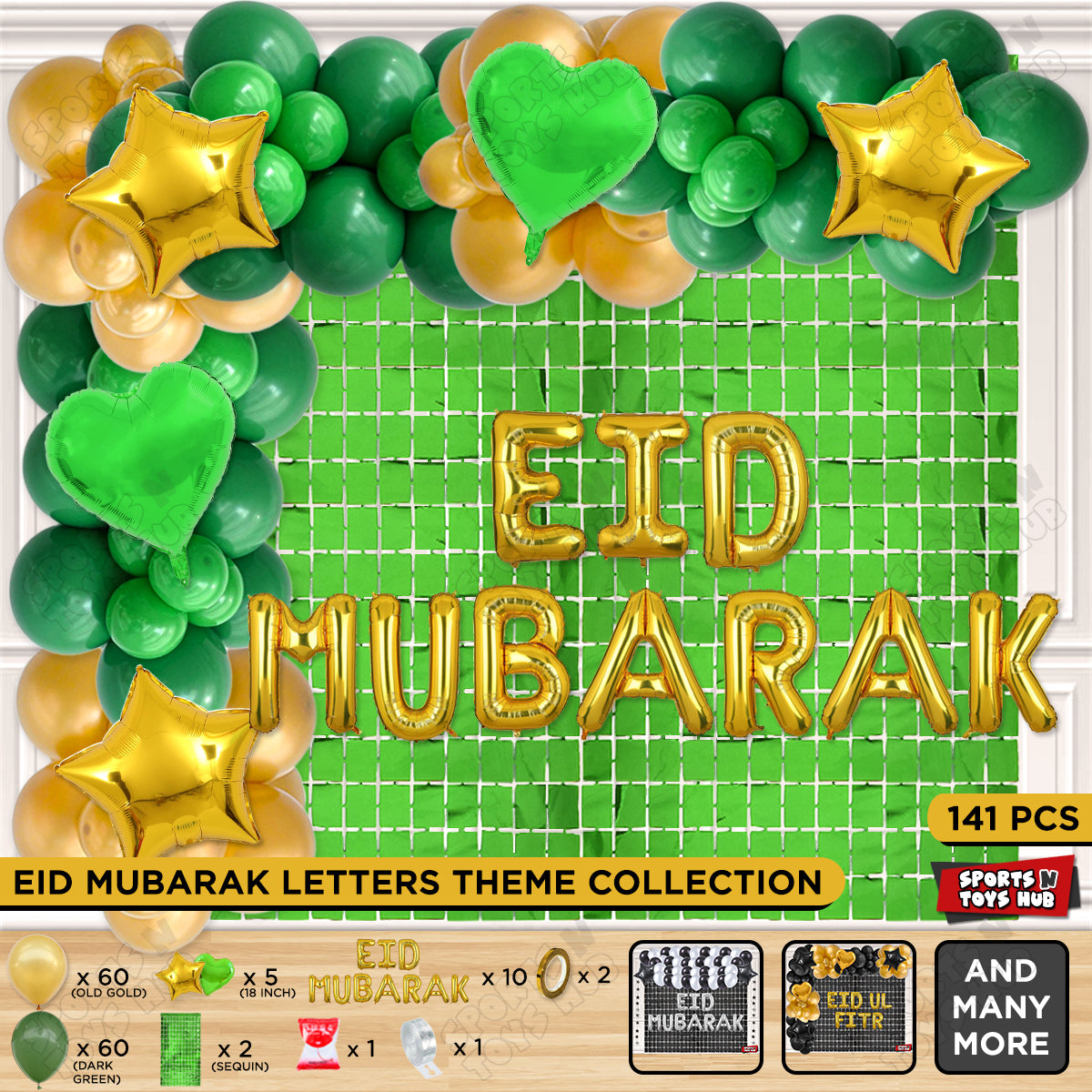 141 Pcs Eid Mubarak Gold Foil Balloon Arch Theme Collection