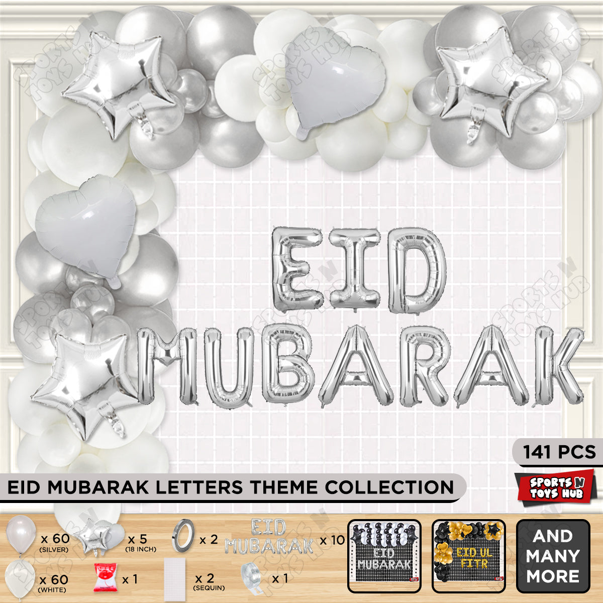 141 Pcs Eid Mubarak Silver Foil Balloon Arch Theme Collection