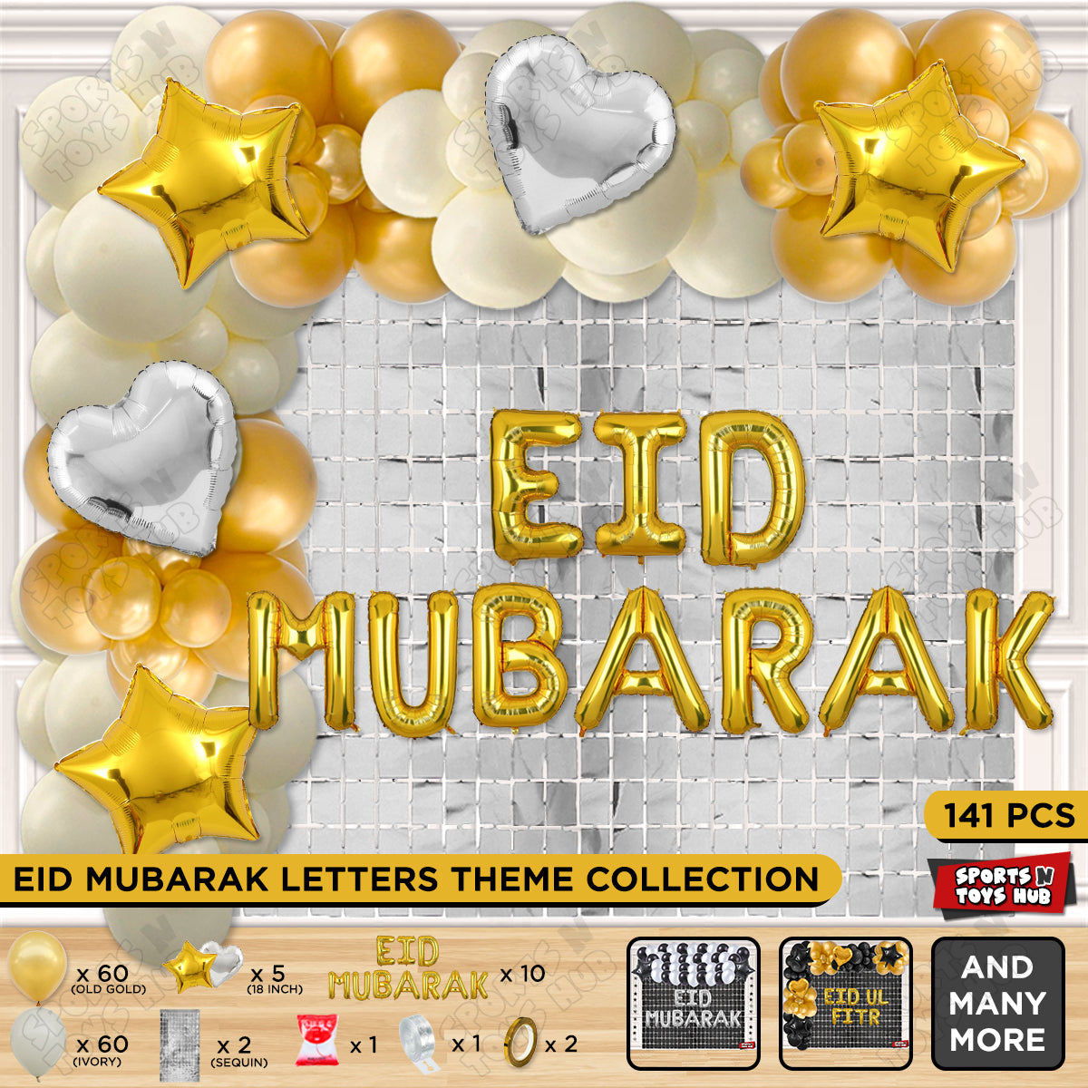 141 Pcs Eid Mubarak Gold Foil Balloon Arch Theme Collection