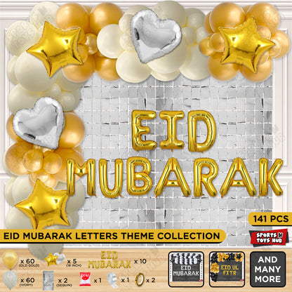 141 Pcs Eid Mubarak Gold Foil Balloon Arch Theme Collection