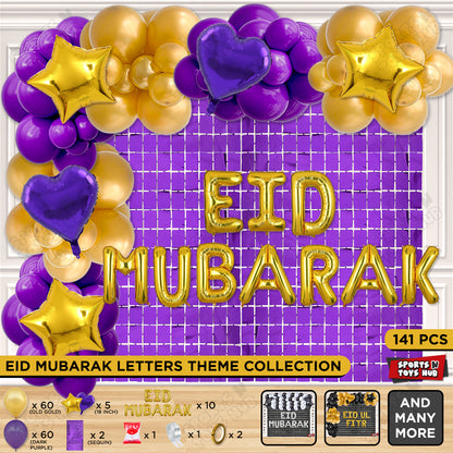 141 Pcs Eid Mubarak Gold Foil Balloon Arch Theme Collection
