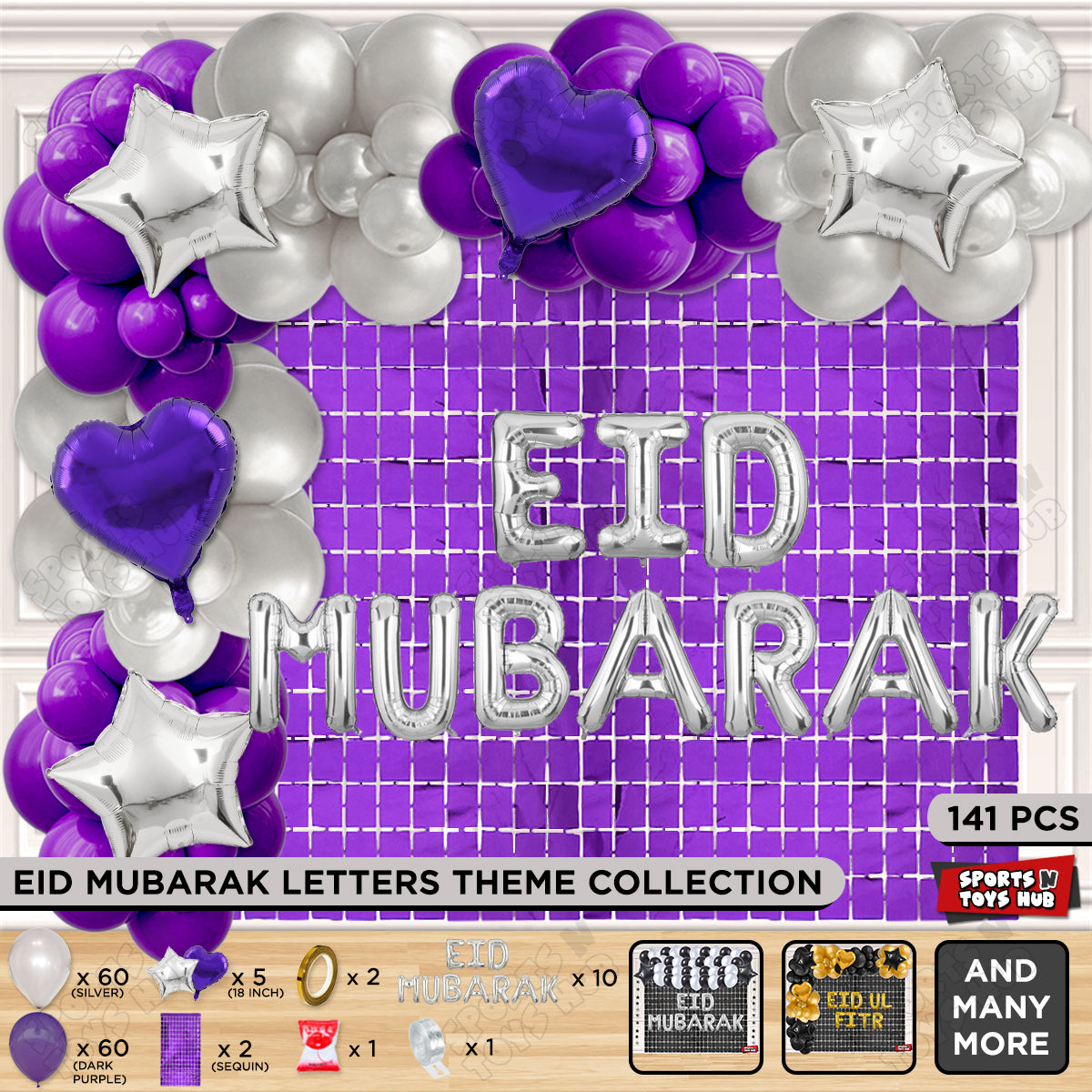 141 Pcs Eid Mubarak Silver Foil Balloon Arch Theme Collection