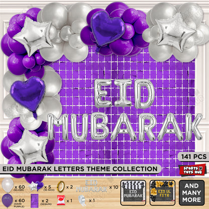 141 Pcs Eid Mubarak Silver Foil Balloon Arch Theme Collection
