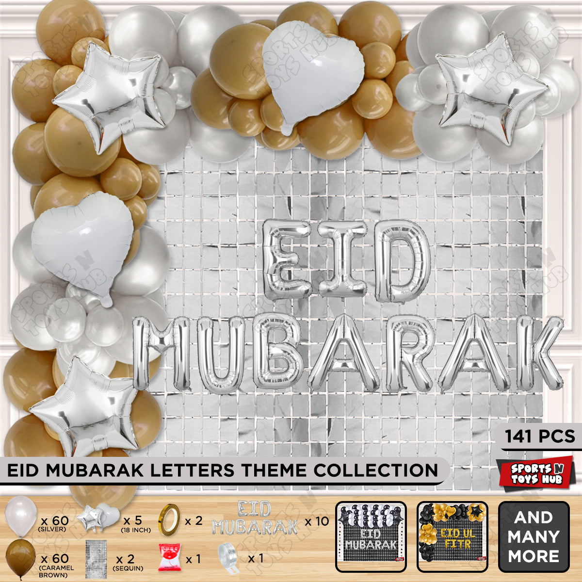 141 Pcs Eid Mubarak Silver Foil Balloon Arch Theme Collection
