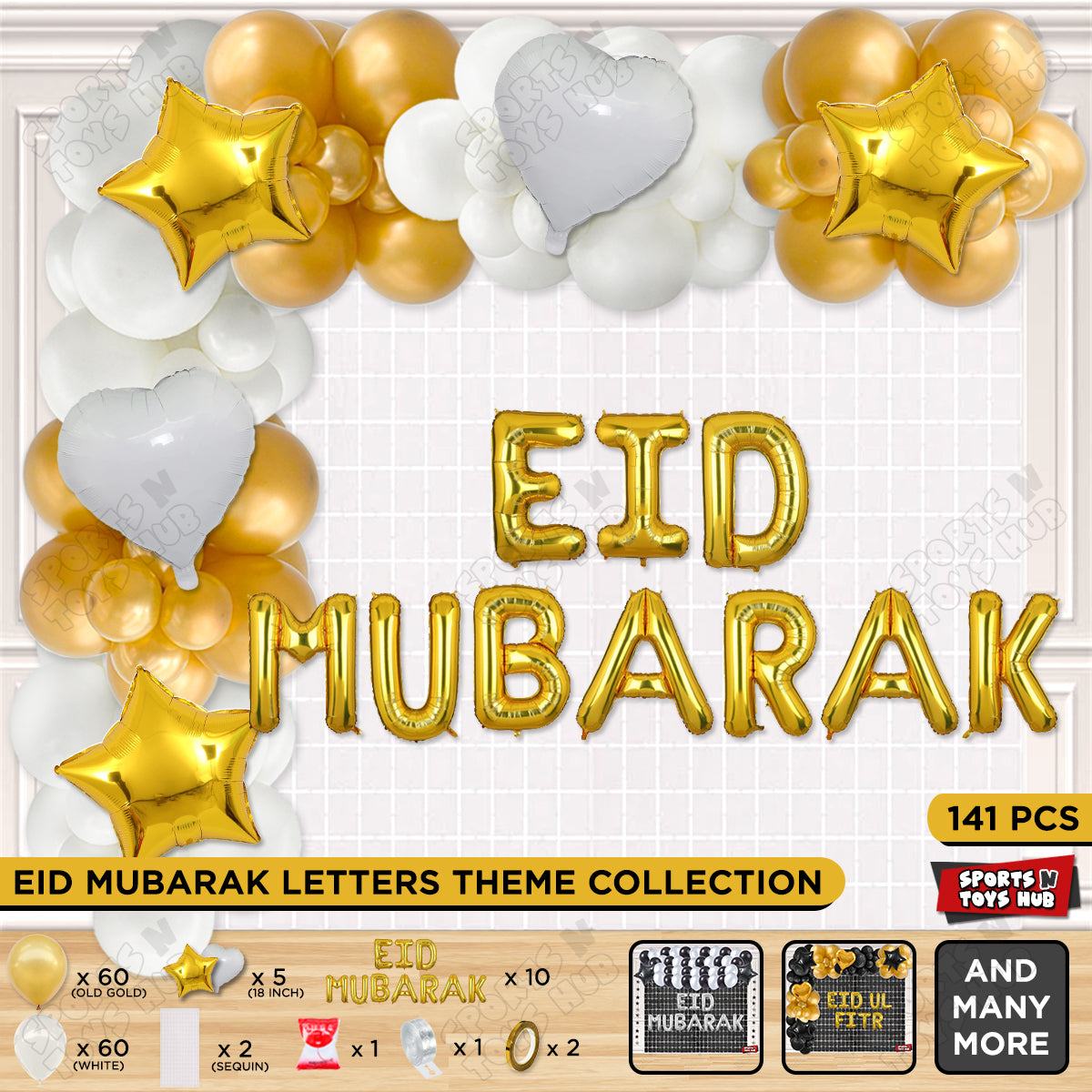 141 Pcs Eid Mubarak Gold Foil Balloon Arch Theme Collection