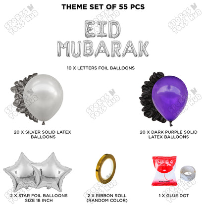 55 Pcs Eid Mubarak Silver Foil Balloon Garland Theme Collection
