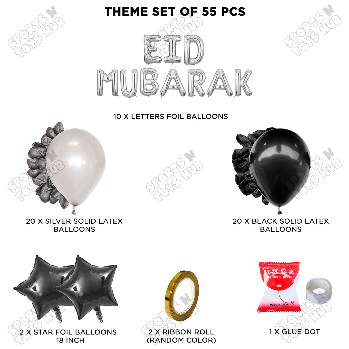55 Pcs Eid Mubarak Silver Foil Balloon Garland Theme Collection