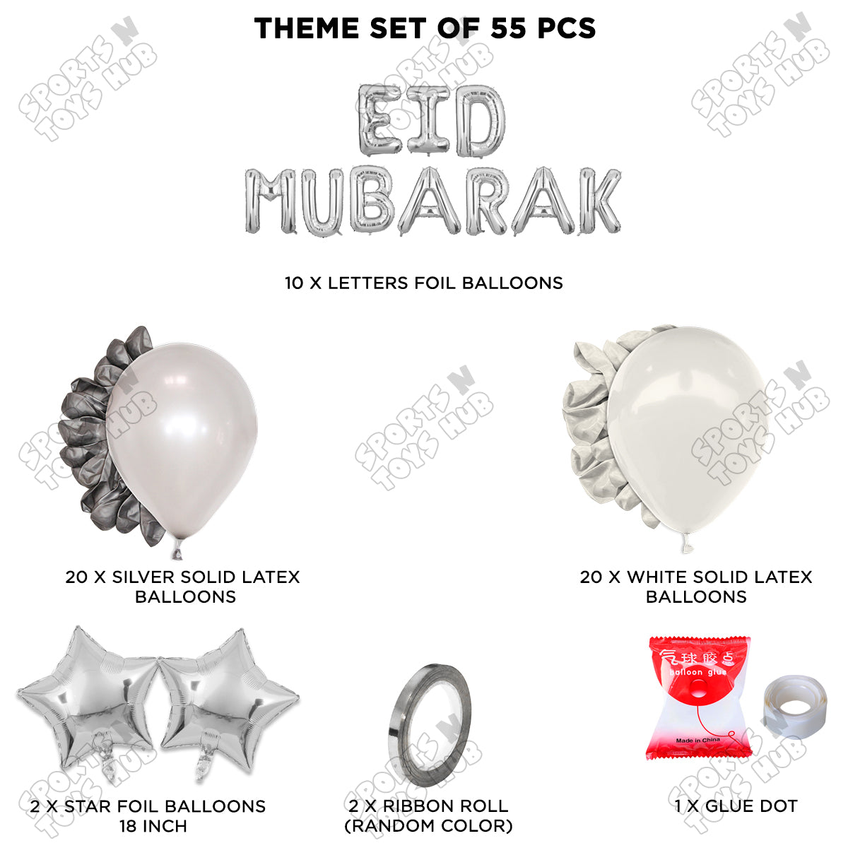 55 Pcs Eid Mubarak Silver Foil Balloon Garland Theme Collection