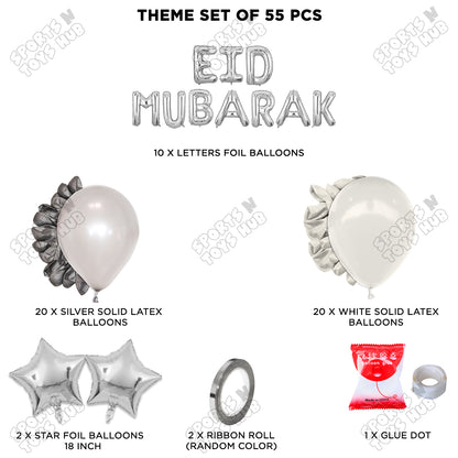 55 Pcs Eid Mubarak Silver Foil Balloon Garland Theme Collection