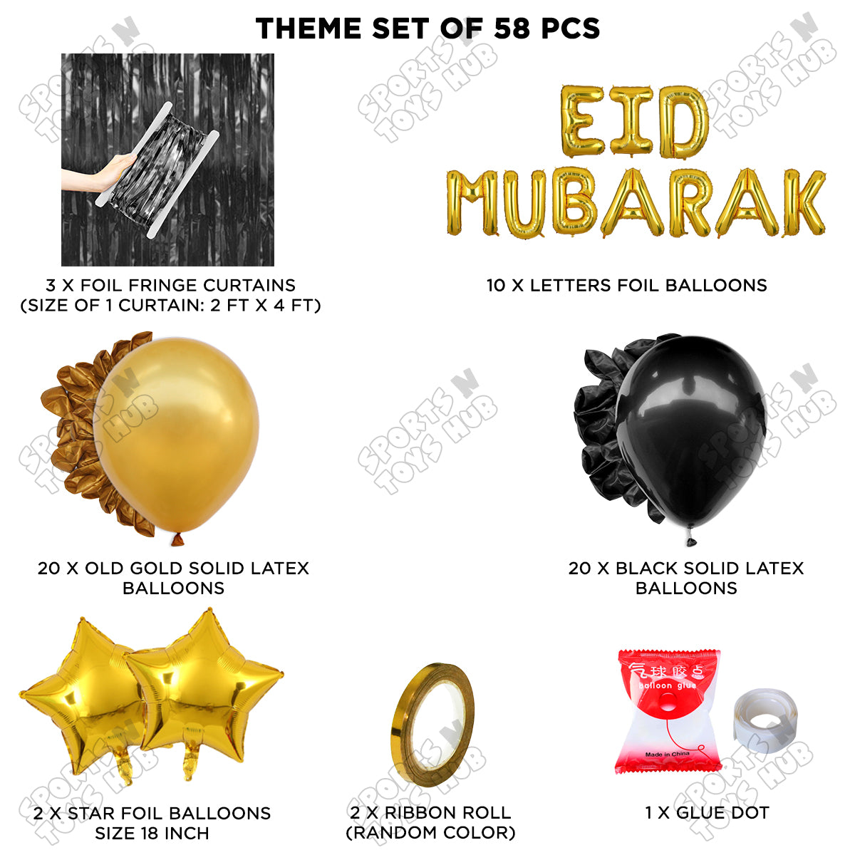 58 Pcs Eid Mubarak Gold Foil Balloon Curtain Theme Collection